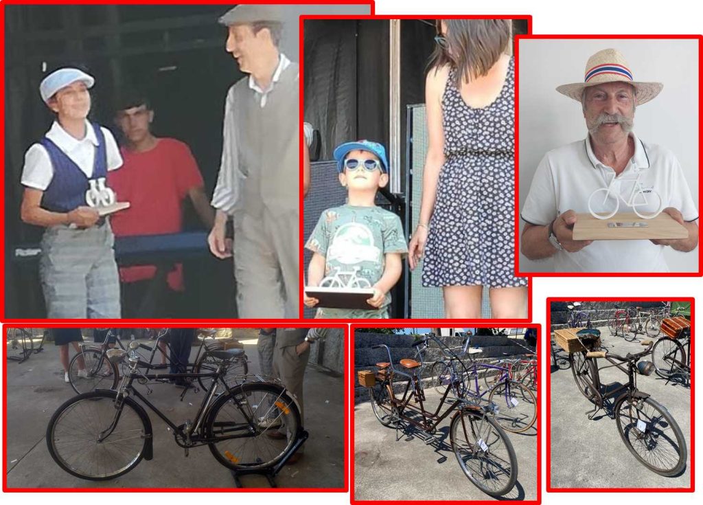 Collage con varias fotos de bicicletas clásicas y entrega de premios de la i exposición de bicicletas clásicas de Coirós, donde el Museo MELGA participó aportando varias unidades